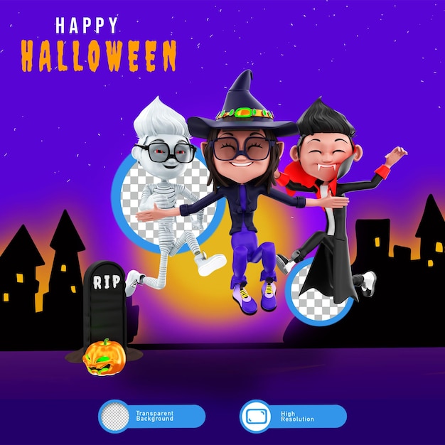 3d-weergave van halloween-personages