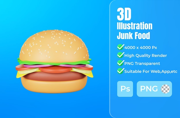 PSD 3d-weergave van hamburger junkfood icon