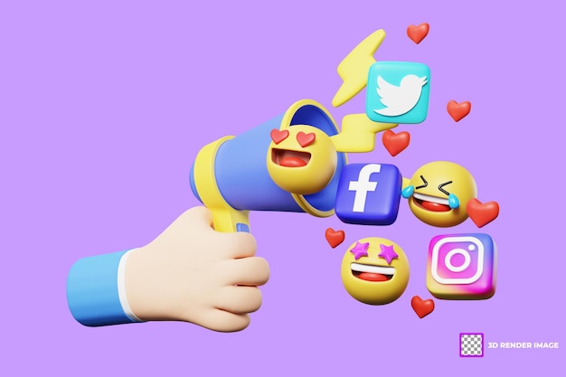 3D-weergave van hand met megafoon, digitale marketing sociale media