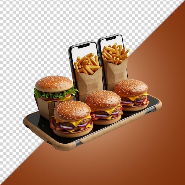 3D-weergave van het bestellen van eten met een smartphone op een doorzichtige achtergrond
