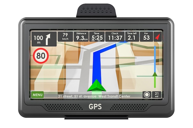 PSD 3d-weergave van het gps-navigatieapparaat aan de voorzijde geïsoleerd op een transparante achtergrond
