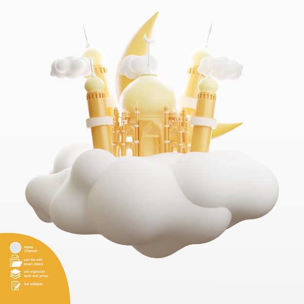 3d-weergave van islamitische ramadan concept illustratie moskee en trommel op de cloud