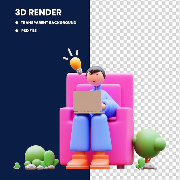 3D-weergave van karakterillustratie zittend op de bank met behulp van een laptop om te studeren, terug naar school