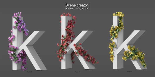 3D-weergave van kruipende bougainvillea op alfabet k