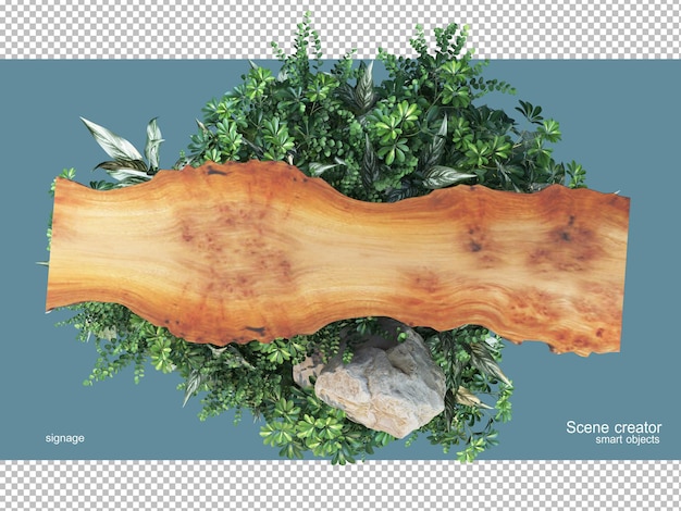 PSD 3d-weergave van natuurlijk hout met planten geïsoleerd