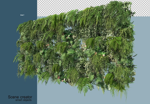 3d-weergave van opstelling van bomen en bloemen