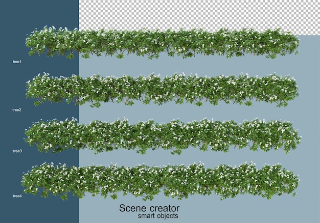 3d-weergave van opstelling van bomen en bloemen