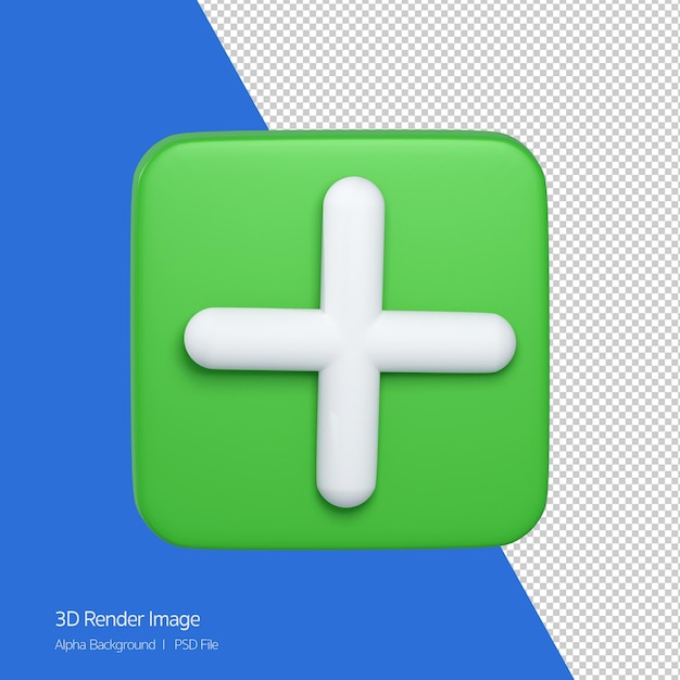 3D-weergave van plus pictogram op groene knop geïsoleerd op wit.