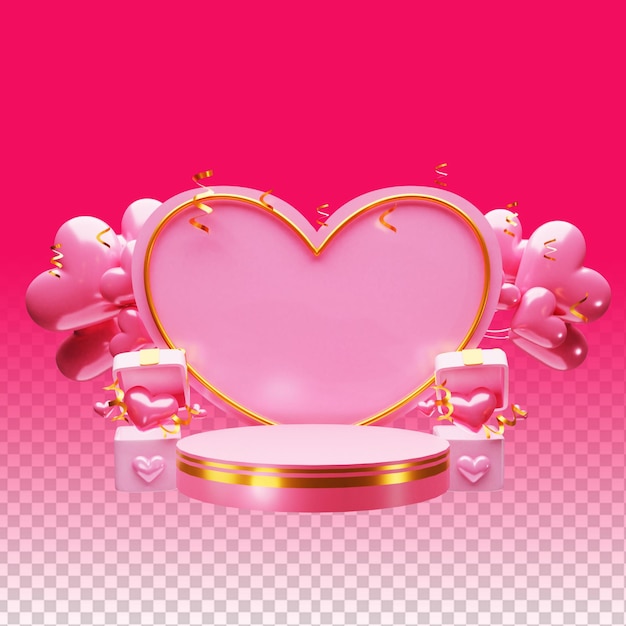 3d-weergave van podiumillustratie voor valentijnsdag speciale promotie hartvormig