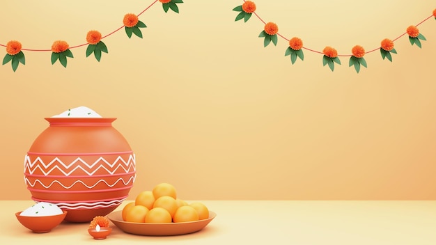PSD 3d-weergave van pongal-voedsel in kleipotten met indiase zoete laddu-plaat verlichte olielamp diya floral garland toran versierd op perzikachtergrond en kopieerruimte
