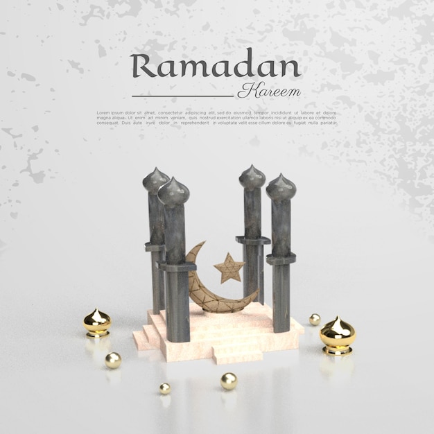 PSD 3d-weergave van ramadan kareem met illustraties van maan en sterren