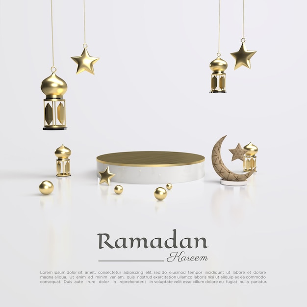 3D-weergave van ramadan kareem met lamp en podium voor sociale media