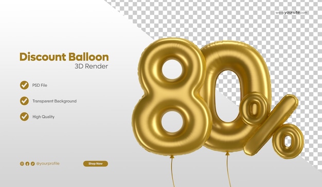 3d-weergave van realistische gouden folieballon nummer 80 procent korting