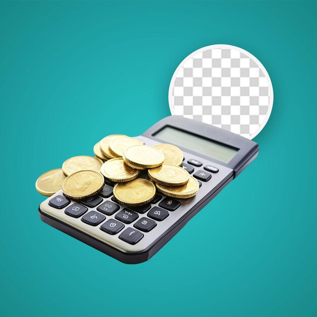 PSD 3d weergave van rekenmachine en munt concept van geldbeheer tax planning geïsoleerd