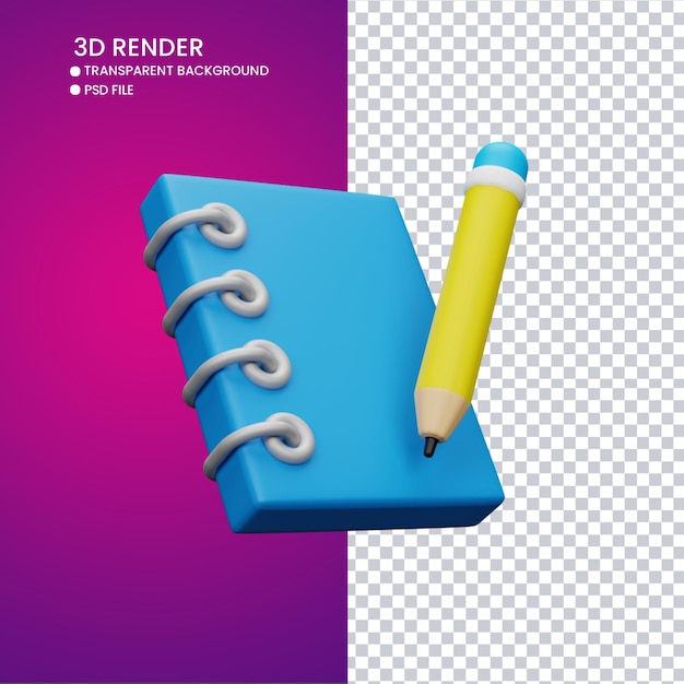 3D-weergave van schattig boek en potlood