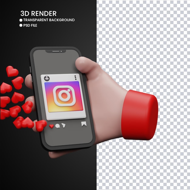 3D-weergave van schattige hand en mobiele telefoon met instagram like