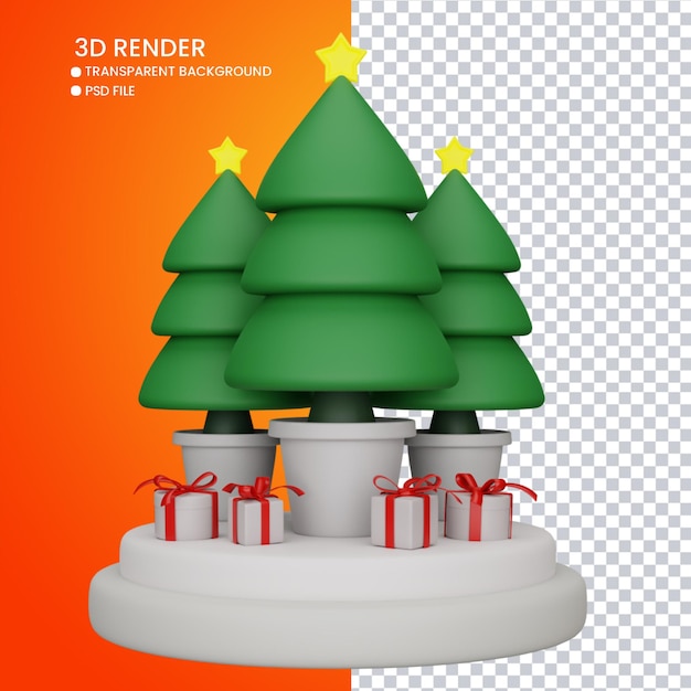 3d-weergave van schattige kerstboom en geschenken