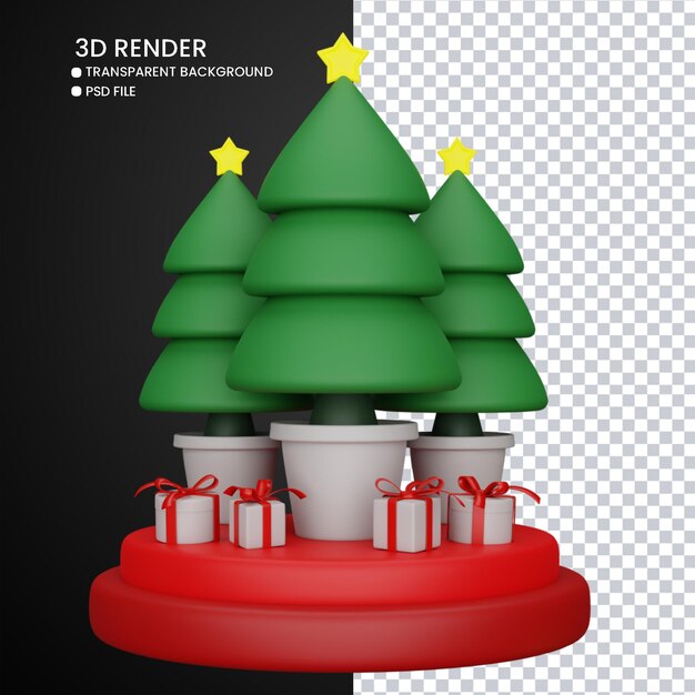 3D-weergave van schattige kerstboom en geschenken