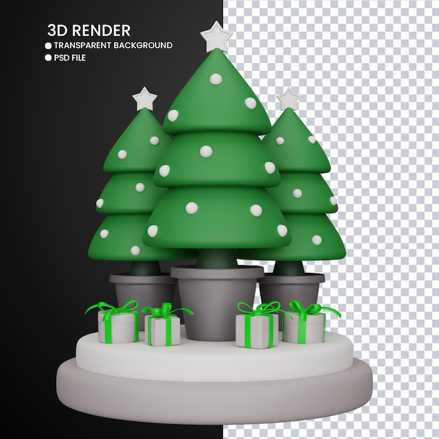 3D-weergave van schattige kerstboom en geschenken