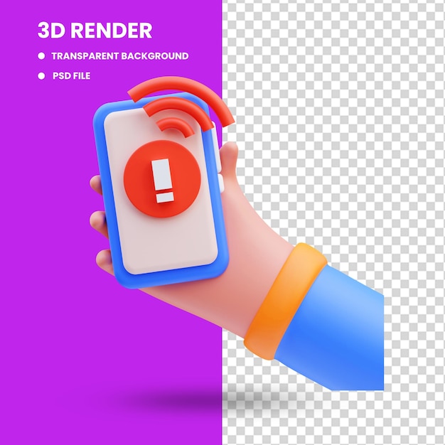 3D-weergave van schattige pictogram illustratie hand met mobiele telefoon geen signaal, lege staat