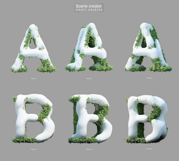 3d-weergave van sneeuw op struiken in de vorm van letter a en letter b scèneschepper