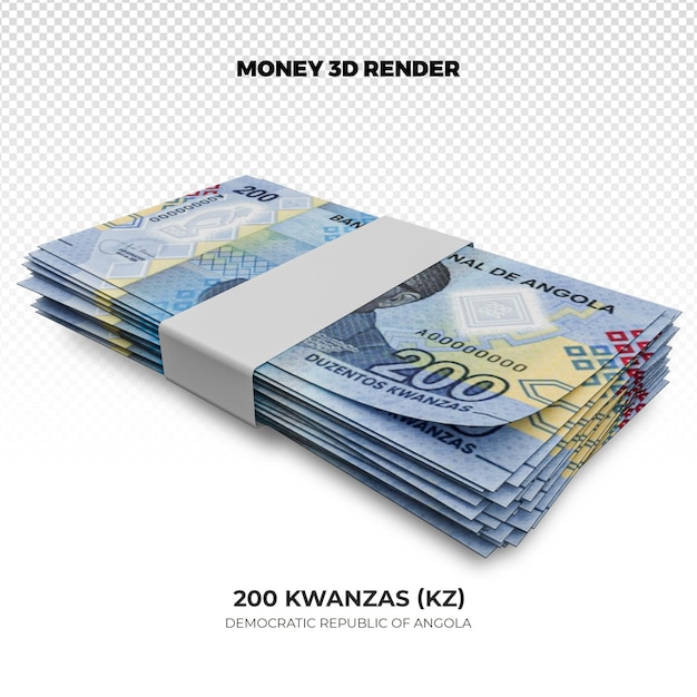 PSD 3d-weergave van stapels angolese geld 200 kwanzas bankbiljetten