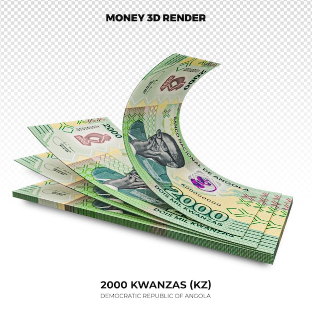 PSD 3d-weergave van stapels angolese geld 2000 kwanzas bankbiljetten