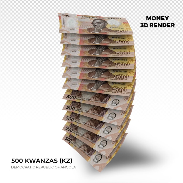 3D-weergave van stapels Angolese geld 500 Kwanzas bankbiljetten