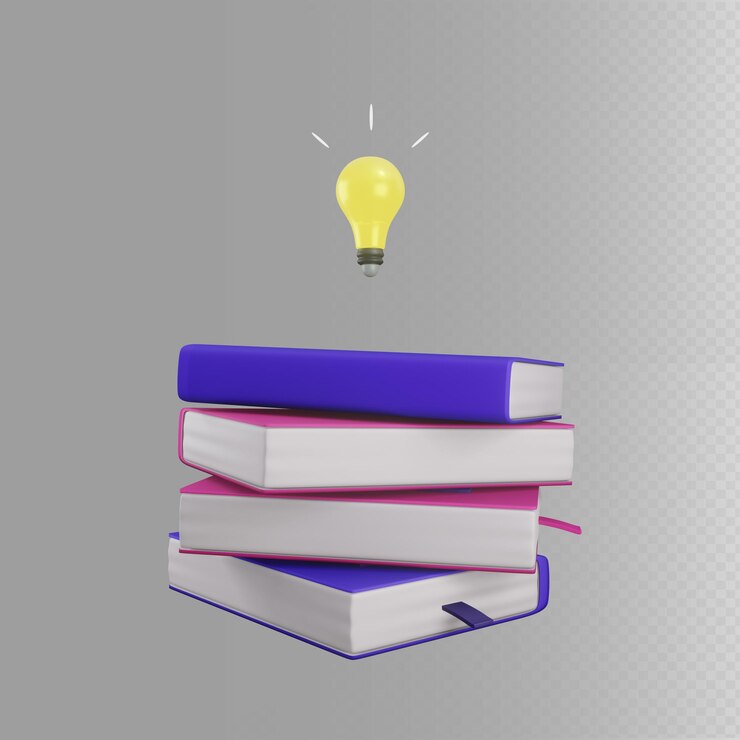 PSD 3d-weergave van stapels boeken en lampen erboven
