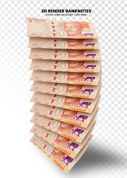 PSD 3d-weergave van stapels zuid-afrikaanse bankbiljetten van 200 rand