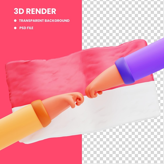 3d-weergave van twee handen icoon met toss met indonesische vlag achtergrond
