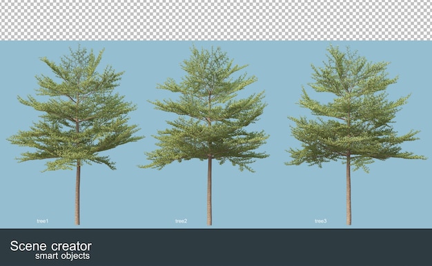 3d-weergave van verschillende soorten bomen