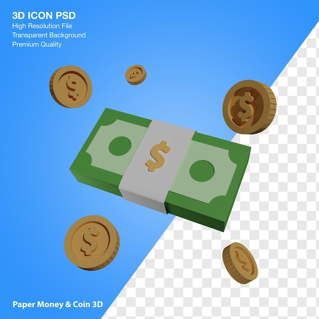 3D-weergave van vliegende dollarbiljetten en munten