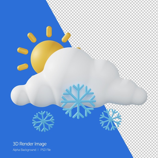 3d-weergave van weersvoorspelling 'snowing sunny' geïsoleerd op wit.