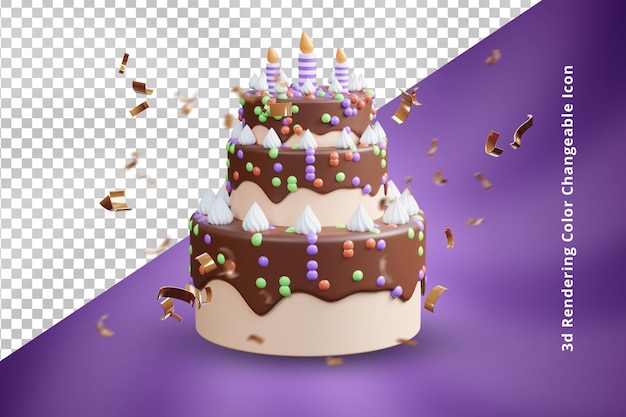 3D-weergavepictogram voor verjaardagstaart of 3D-gelukkige verjaardagstaart met chocoladesmaak