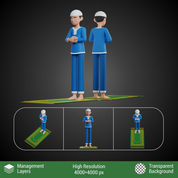 PSD 3d weergegeven cartoon stijl mosleem mensen met het hele lichaam gebedshouding staan op de gebedsmat