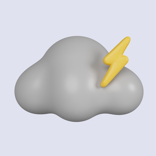 PSD 3d-weerwolk met een geel gloeiende bliksemicon geïsoleerd op een grijze achtergrond 3d-renderingsillustratie