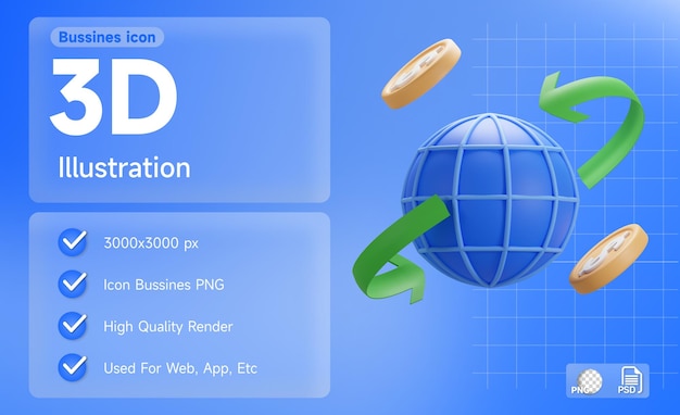 3d wereldbolpictogram en geld wisselen