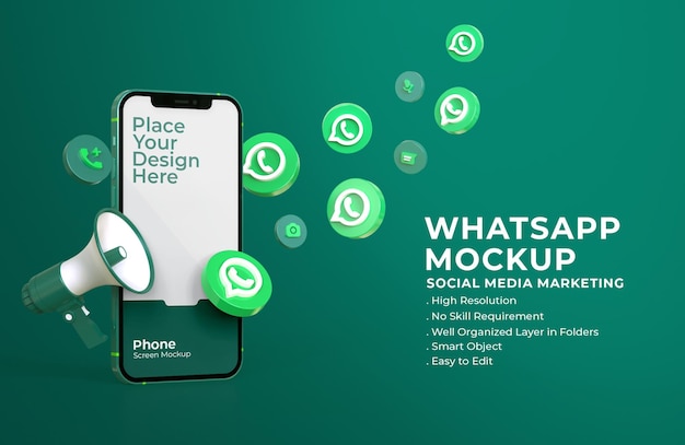 PSD 3d whatsapp icons with mobile screen mockup and megaphone