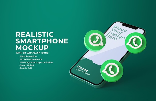 Icone 3d whatsapp con mockup schermo mobile