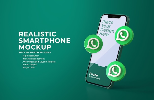 3d иконки whatsapp с макетом мобильного экрана