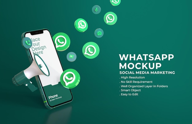 3d whatsapp-pictogrammen met mockup voor mobiel scherm en megafoon