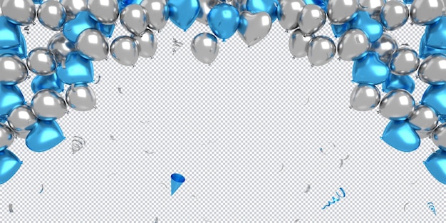 PSD 3d white and blue balloons floating with confetti isolated for happy birthday mockup background