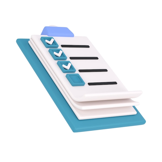 3d white clipboard icon task management todo check list on turquose plane background. Work project plan concept, isolated transparent png.