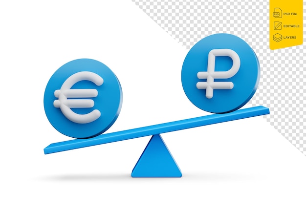 Simbolo bianco dell'euro e dello yen su icone blu arrotondate con il peso di bilanciamento 3d e l'illustrazione 3d