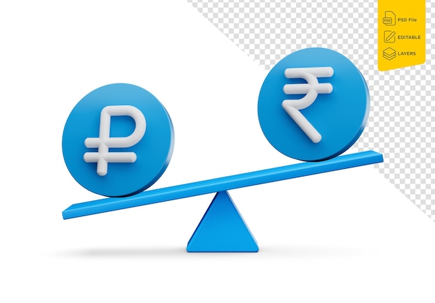 PSD Белый символ inr и рубля на закругленных синих иконках с трехмерной иллюстрацией баланса