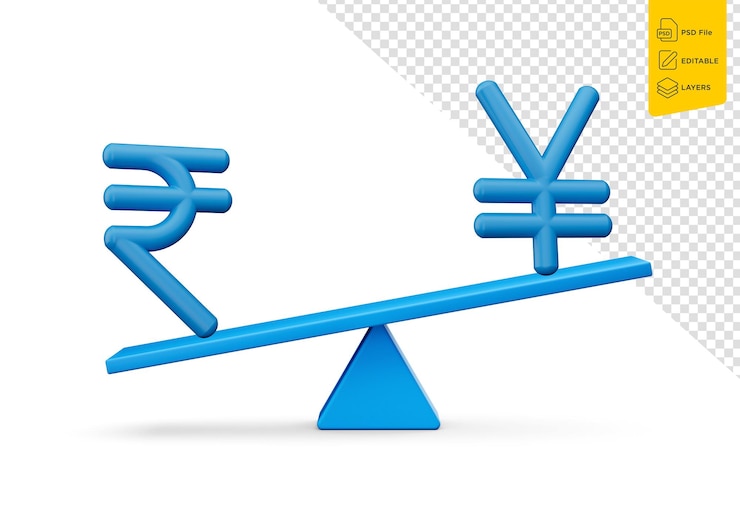 PSD 3d white inr and yen symbol on rounded blue icons with 3d balance weight seesaw 3d illustration