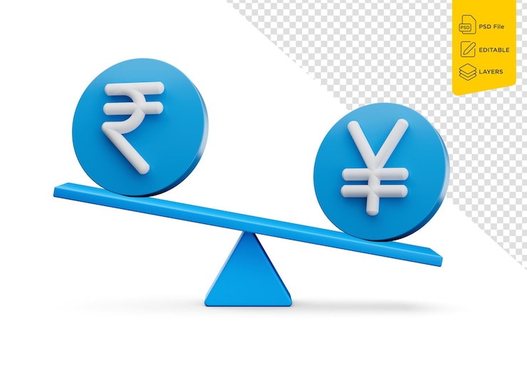 PSD 3d white inr and yen symbol on rounded blue icons with 3d balance weight seesaw 3d illustration