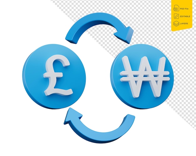 PSD 3d white pound and won symbol on rounded blue icons with money exchange arrows 3d illustration