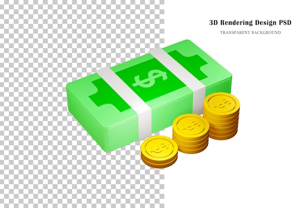 3D wiązek gotówki i monet dolara. Stos pieniędzy i złotych monet Renderowania 3D.
